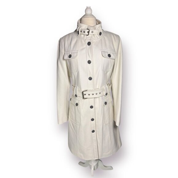 Esprit White Elegant Buttoned Trench Coat with Belt‎ Size Large Buttoned Collar - Picture 1 of 9
